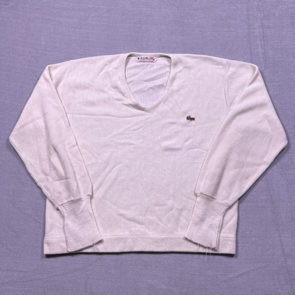 Vintage IZOD OF LONDON V Neck Sweater Long Sleeve Crew Neck Pullover Cream Women